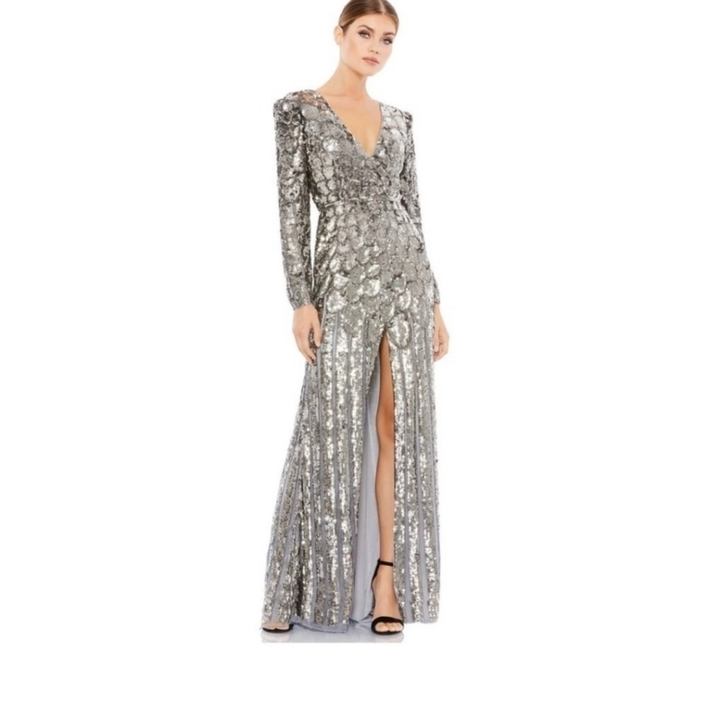 Mac Duggal Silver Sequin Gown